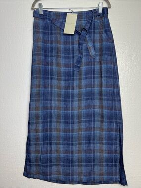 Poetry indigo blue plaid linen skirt size 4 NWT